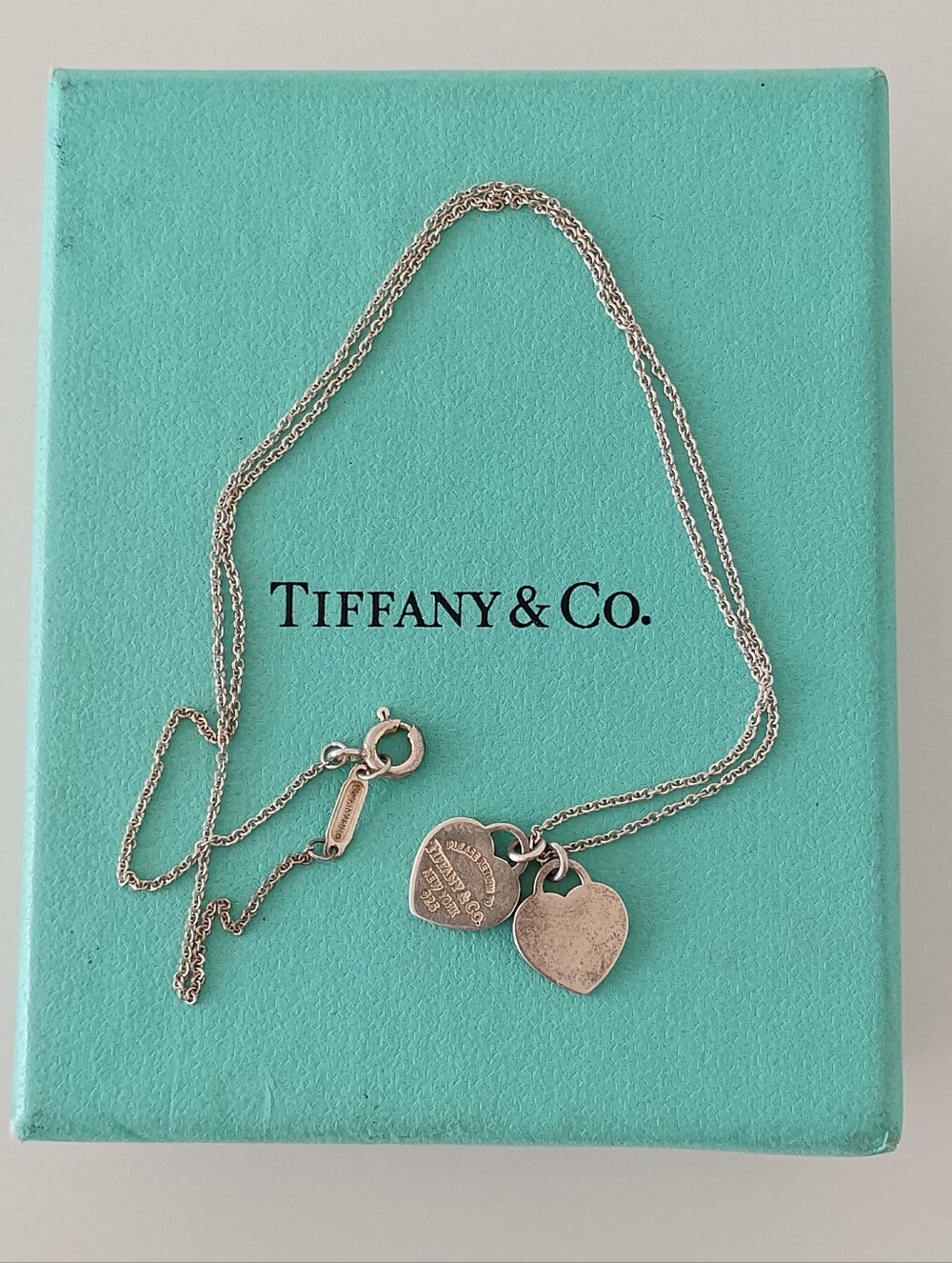 Vintage Return to Tiffany & Co 925 Silver Double Heart Tag Pendant 16” Necklace